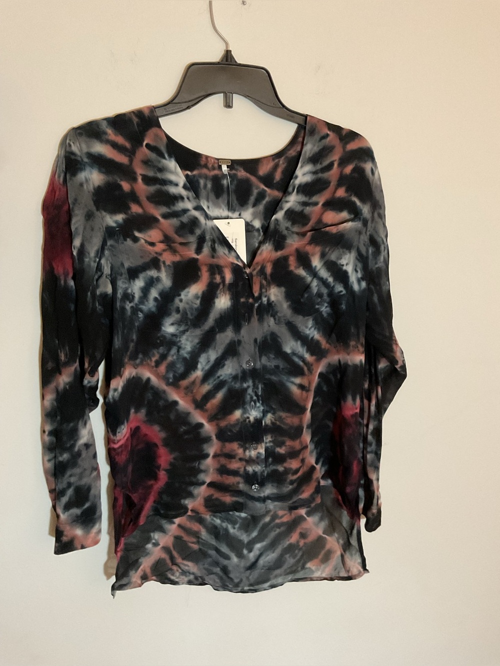 Tie-Dye V-Neck Button-Front Blouse - Black, Gray & Burgundy